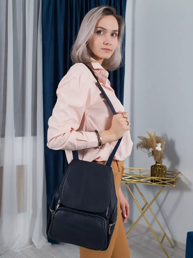 Женский кожаный городской рюкзак PR синий 1029